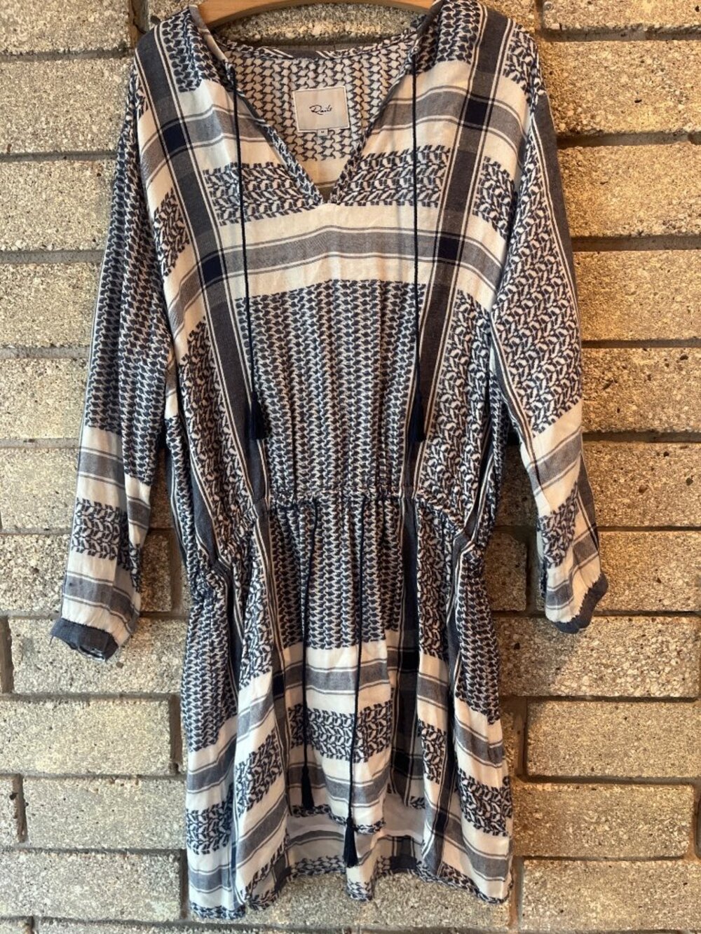Rails Navy & Cream Boho Tunic Dress W/ Tassels Long Sleeves Elastic Waist Size M